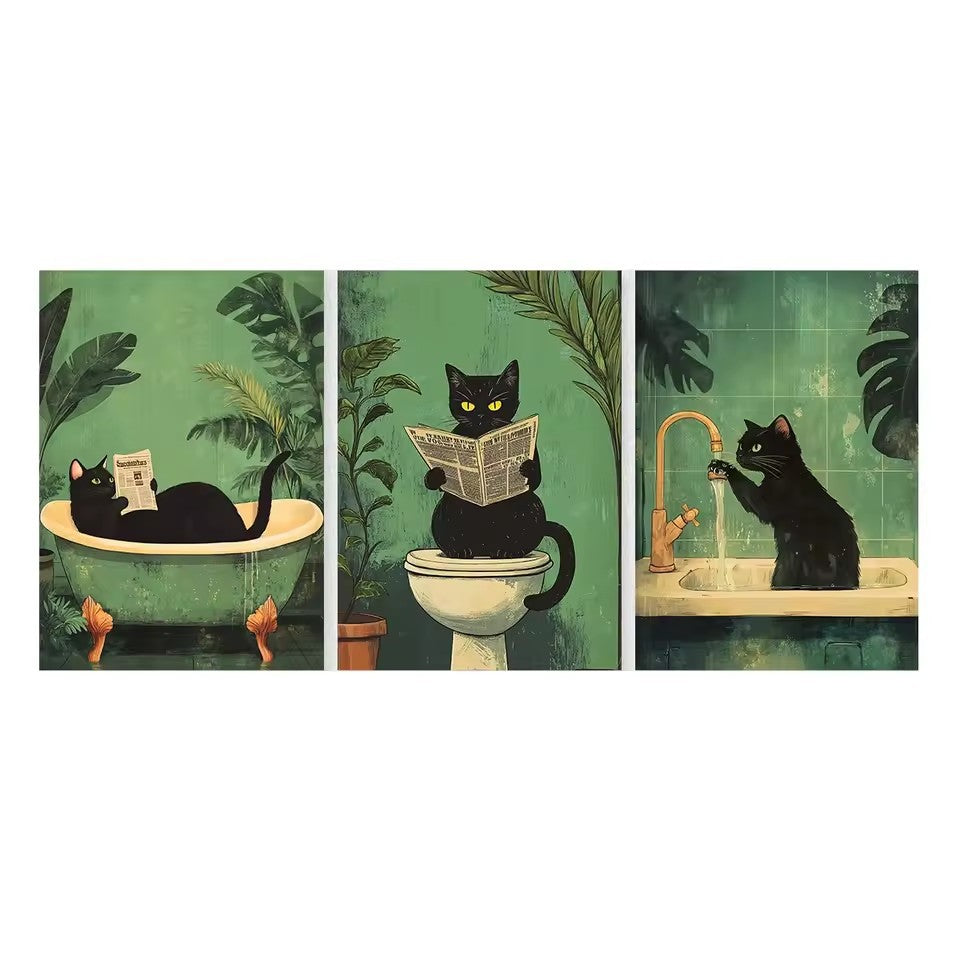 Bathroom Black Cat Canvas Poster Toilet Wall Art Print